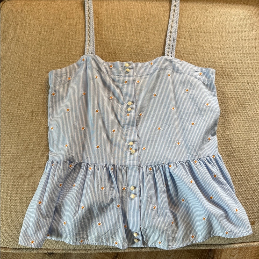 Sézane Blue Striped Sleeveless Top with Floral Embroidery